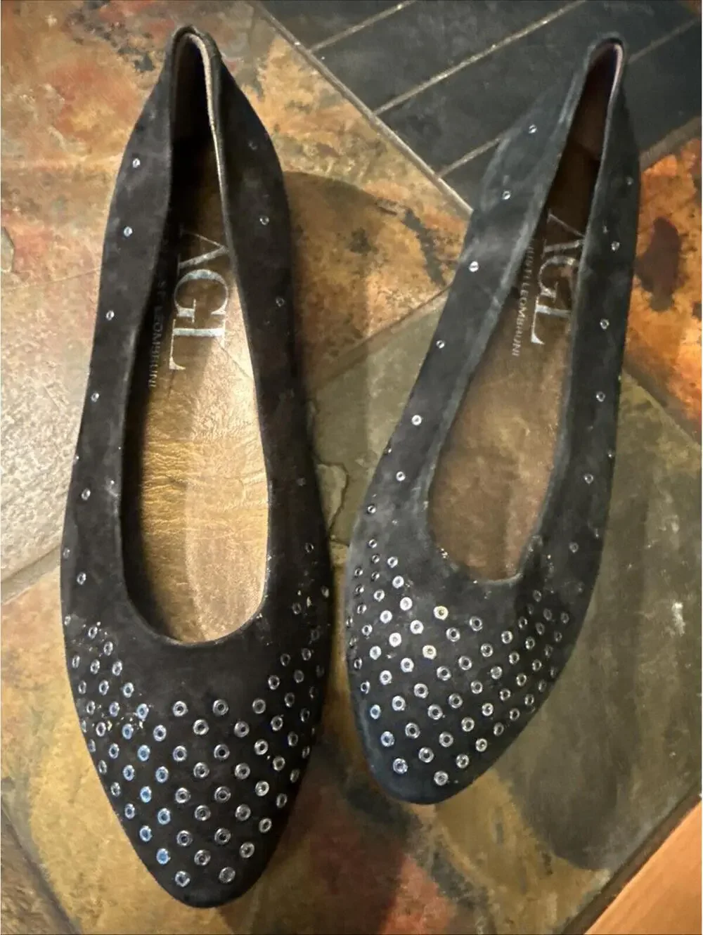AGL Womens Ballet Flats Size 41 Black Suede Studded Slip On Shoe Italy. Beauty